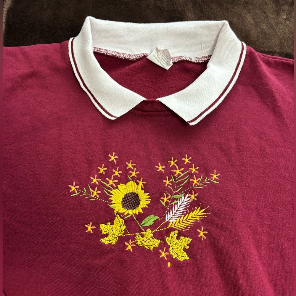 Burgandy Collared Autumn Floral Embroidered Sweatshirt Women’s 4X